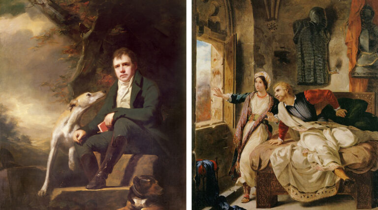 links: Von Henry Raeburn - Bridgeman Art Library: Objekt 277642, Portrait of Sir Walter Scott and his dogs (oil on canvas) by Raeburn, Sir Henry (1756-1823); Private Collection; (add.info.: Walter Scott (1771-1832);); Scottish, out of copyright' / rechts: Rebecca and the Wounded Ivanhoe By Eugène Delacroix - https://www.pubhist.com/w15879, Public Domain, https://commons.wikimedia.org/w/index.php?curid=70667127