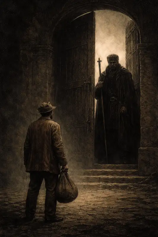 Kafka Türhüterparabel Illustration – der Türhüter versperrt den Zugang zum Gesetz, symbolisiert Autorität, Macht und bürokratische Hürden in Kafkas Werk.