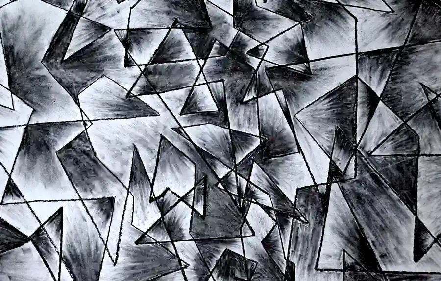 Zeichnung, die die Undurchsichtigkeit und Schwarz-Weiß-Denkmuster in Kafkas Türhüterparabel visualisiert: klare Grenzen zwischen richtig und falsch, Zugang zum Gesetz bleibt unklar.