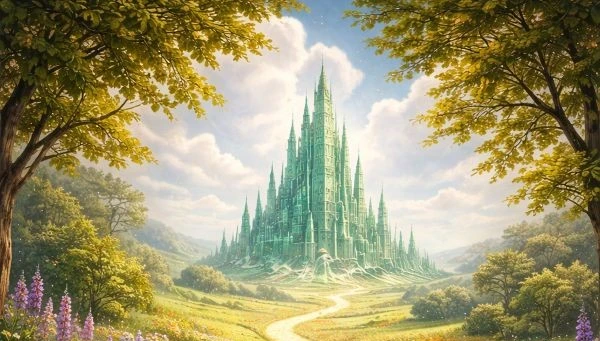 Die Illustration zeigt die Smaragdstadt aus Der Zauberer von Oz in der Ferne.