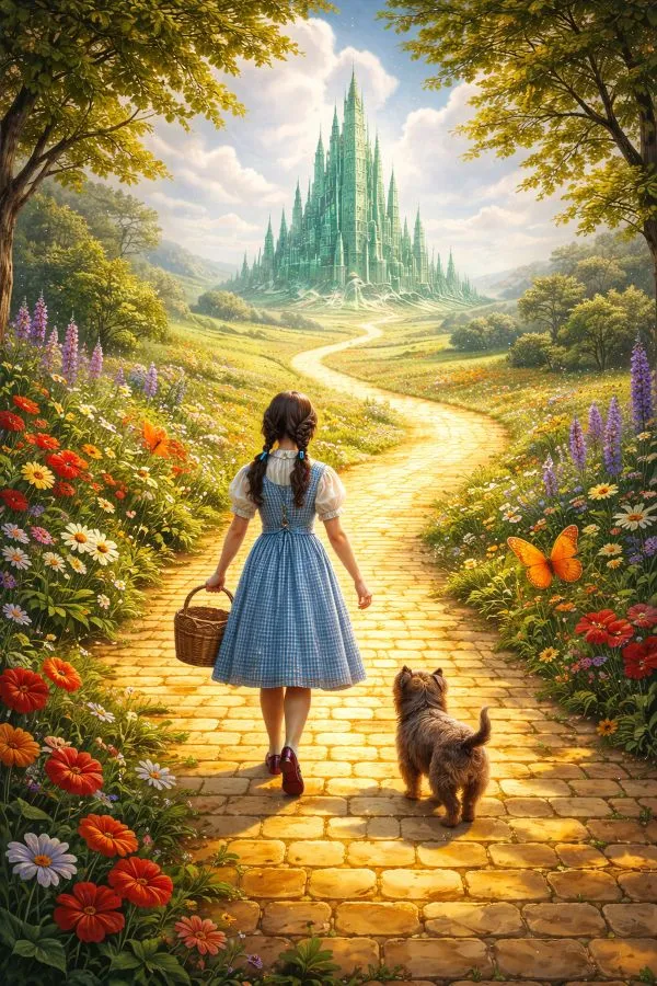 Die Illustration zeigt Dorothy und ihren kleinen Hund Toto unterwegs zur Smaragdstadt,