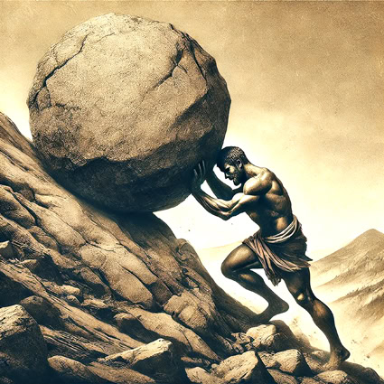 Der Mythos des Sysiphos ist aus der antiken Mythologie bekannt und beschreibt die Sinnlosigkeit des menschlichen Lebens, des Daseins, eines Sich-Abmühens ohne Sinn. Sysiphos wurde von den Göttern bestraft und muss nun eine sinnlose Tätigkeit jeden Tag aufs neue erledigen und einen Stein einen Berg hinaufrollen, der immer wieder herunterrollt.