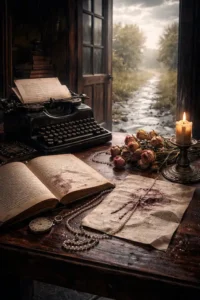 Illustration zu Ian McEwans Roman Abbitte: Symbolische Darstellung von Schuld, Vergebung und Metafiktion mit zerrissenem Papier, offenem Buch und nachdenklicher Figur, die Realität und Fiktion verschwimmen lässt.