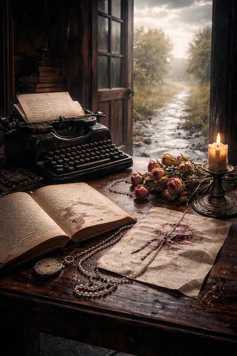 Illustration zu Ian McEwans Roman Abbitte: Symbolische Darstellung von Schuld, Vergebung und Metafiktion mit zerrissenem Papier, offenem Buch und nachdenklicher Figur, die Realität und Fiktion verschwimmen lässt.