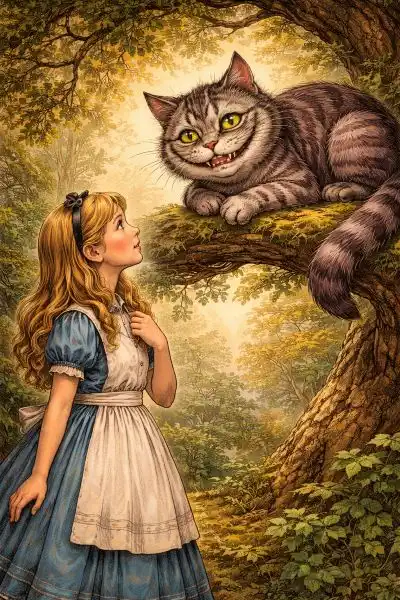 Illustration von Alice und der Grinsekatze aus Carrolls Klassiker Alice im Wunderland