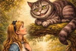 Illustration von Alice und der Grinsekatze aus Carrolls Klassiker Alice im Wunderland