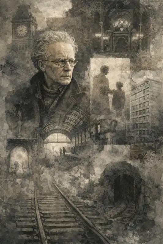 Abbildung, die Sebalds Themen von Zeit und Trauma im Roman Austerlitz zeigt