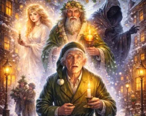 Illustration von Ebenezer Scrooge, wie er von den Geistern der Weihnacht besucht wird – Szene aus Charles Dickens’ „Eine Weihnachtsgeschichte“.