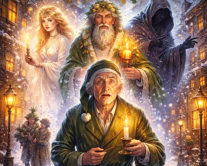 Illustration von Ebenezer Scrooge, wie er von den Geistern der Weihnacht besucht wird – Szene aus Charles Dickens’ „Eine Weihnachtsgeschichte“.