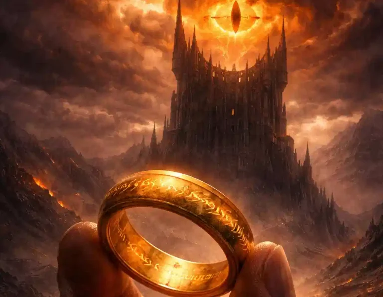 J.R.R. Tolkiens „Der Herr der Ringe“, epische Fantasy-Trilogie über die Abenteuer von Frodo, die Gemeinschaft des Rings und den Kampf gegen Sauron.