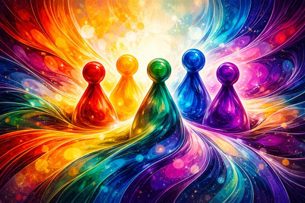 Dieses abstrakte Bild visualisiert, wie unterschiedliche Identitäten und Perspektiven nebeneinander bestehen und zusammen ein harmonisches, lebendiges Ganzes bilden – eine Metapher für Vielfalt und Differenz in unserer Gesellschaft.