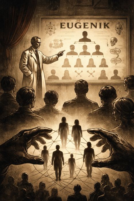 Illustration zur Thematik von Dagmar Herzogs ‚Eugenische Phantasmen‘: Kontrolle, Ideologie und historische Machtstrukturen der Eugenik.