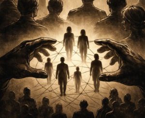 Illustration zur Thematik von Dagmar Herzogs ‚Eugenische Phantasmen‘: Kontrolle, Ideologie und historische Machtstrukturen der Eugenik.