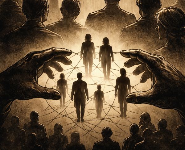 Illustration zur Thematik von Dagmar Herzogs ‚Eugenische Phantasmen‘: Kontrolle, Ideologie und historische Machtstrukturen der Eugenik.