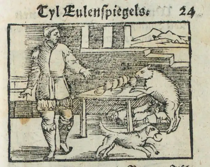 Illustration aus einem historischen Till Eulenspiegel-Druck: Eulenspiegel verkauft Brot auf dem Marktplatz, während ein Hund und eine Sau das Brot stehlen. Darstellung des Sprichworts ‚Wer Brot hat, dem gibt man Brot‘. Wunderbarlich und seltzame Historien Tyl Eulenspiegels Eines Bawren Son, bürtig auß dem Land zu Braunschweig. München, Bayerische Staatsbibliothek -- Res/P.o.germ. 332 d, S.I. 1593, fol. 24r, online unter: https://www.digitale-sammlungen.de/de/view/bsb00089935?page=52,53 (zuletzt aufgerufen am 21.01.2026).
