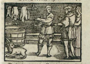 Illustration aus einem historischen Till Eulenspiegel-Druck: Eulenspiegel näht eine lebende Katze in ein Hasenfell und verkauft sie als ‚Hasen‘ an die Kürschner in Leipzig. Darstellung des Sprichworts ‚Die Katze im Sack kaufen‘. Wunderbarlich und seltzame Historien Tyl Eulenspiegels Eines Bawren Son, bürtig auß dem Land zu Braunschweig. München, Bayerische Staatsbibliothek -- Res/P.o.germ. 332 d, S.I. 1593, fol. 79r, online unter: https://www.digitale-sammlungen.de/de/view/bsb00089935?page=160,161 (zuletzt aufgerufen am 21.01.2026).