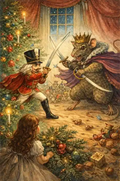 Buchcover von E. T. A. Hoffmanns „Nussknacker und Mausekönig“, Märchen über den Kampf zwischen Nussknacker und Mausekönig und die Welt der Fantasie.