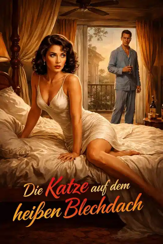 Illustration zu Tennessee Williams’ Drama „Die Katze auf dem heißen Blechdach“ (1955). Die Darstellung von Maggie, der „Katze“, greift Haarfarbe, Kleid und Pose des Originalplakats auf, ist jedoch eine eigenständige künstlerische Interpretation. Das Bild visualisiert die emotionale Spannung, Isolation und den Kampf um Liebe und Anerkennung im Stück.