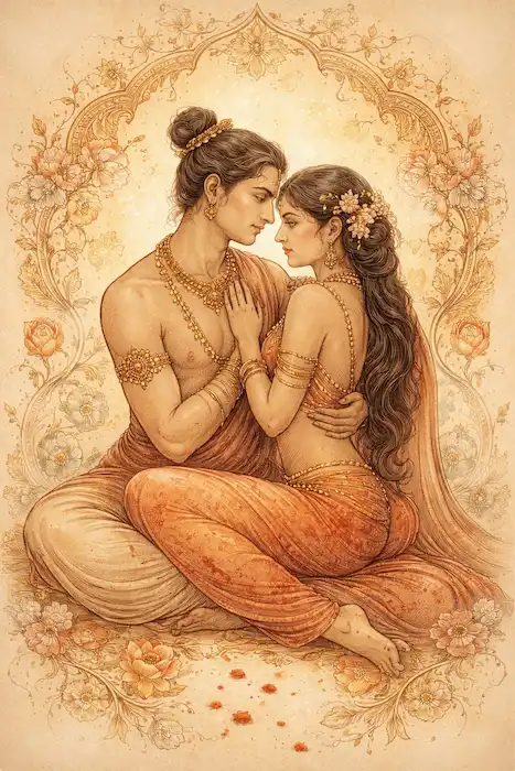 Kamasutra Illustration – altindisches Lehrwerk über Liebe, Beziehungskonzepte und kulturelle Normen in der klassischen indischen Literatur.