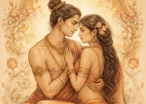 Illustration aus dem Kamasutra von Vātsyāyana, die Liebe, Beziehungen und gesellschaftliche Normen im klassischen Indien zeigt.