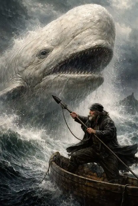 Darstellung von Moby Dick, dem weißen Wal, schwimmend in endlosem Meer, epische Perspektive.“