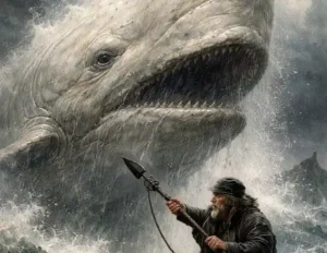 Darstellung von Moby Dick, dem weißen Wal, schwimmend in endlosem Meer, epische Perspektive.“