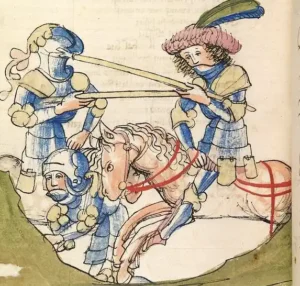 Parzival trifft auf Artus und seine Hofgesellschaft. [Bearb.]; Zimmermann, Karin [Bearb.] Die Codices Palatini germanici in der Universitätsbibliothek Heidelberg (Cod. Pal. germ. 304 - 495) — Wiesbaden, 2007, fol. 208v, online unter: https://doi.org/10.11588/diglit.2209