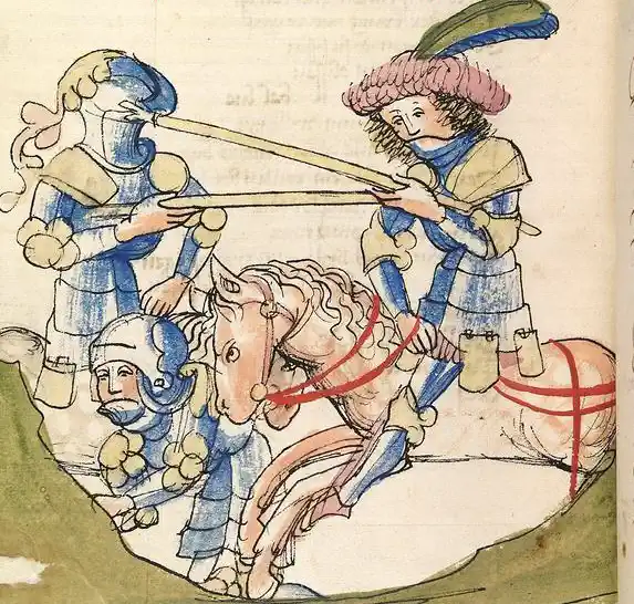 Parzival trifft auf Artus und seine Hofgesellschaft. [Bearb.]; Zimmermann, Karin [Bearb.] Die Codices Palatini germanici in der Universitätsbibliothek Heidelberg (Cod. Pal. germ. 304 - 495) — Wiesbaden, 2007, fol. 208v, online unter: https://doi.org/10.11588/diglit.2209