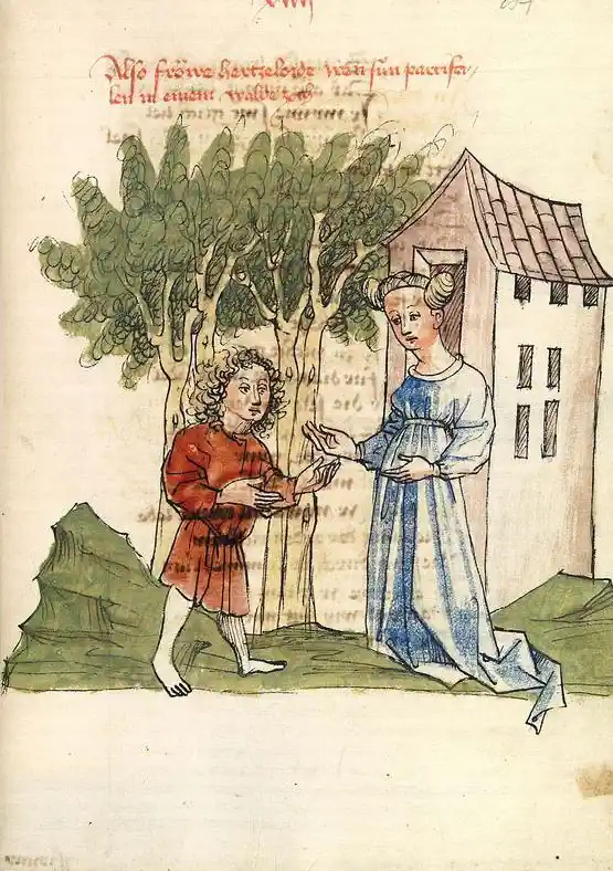 Illustration aus einer mittelalterlichen Handschrift: Herzeloyde erzieht ihren Sohn Parzival abseits der höfischen Gesellschaft im Wald, damit er nicht dem Rittertum zum Opfer fällt wie einst sein Vater Gahmuret.