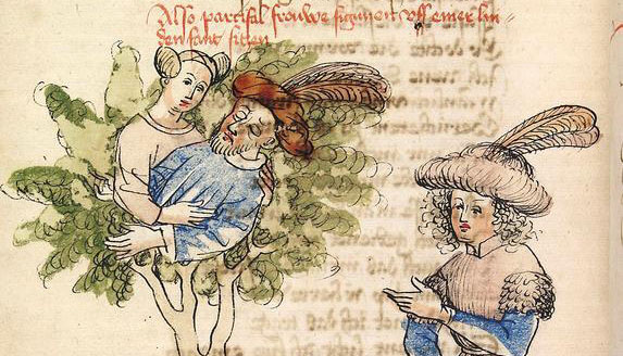 Parzival trifft seine Cousine Sigune auf der Linde - sie hält den toten Schionatulander im Arm (5. Buch, 249,11ff)