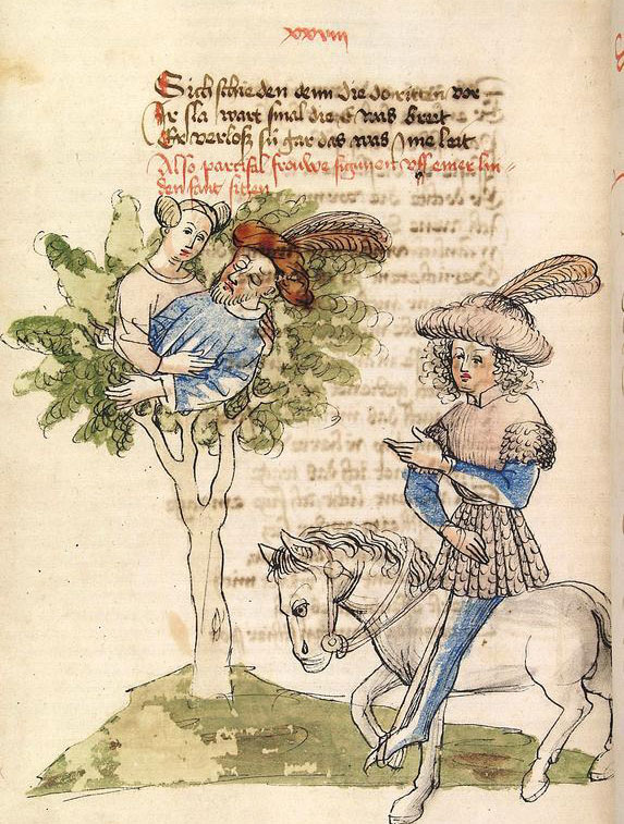 Die Szene zeigt Parzival, der Sigune auf der Linde trifft - sie hält den toten Schionatulander im Arm (5. Buch, 249,11ff) aus Universitätsbibliothek Heidelberg, Cod. Pal. germ. 339 Wolfram <von Eschenbach>