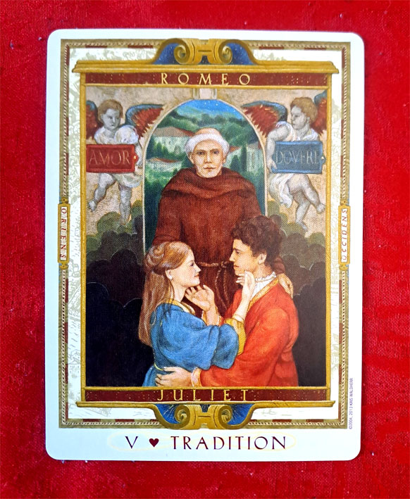Romeo und Julia sind das wohl bekannteste Liebespaar der Weltliteratur, zu dessen Berühmtheit William Shakespeare beigetragen hat. Abbildung: Kris Waldherr: The Lover’s Path Tarot. Copyright © 2004, 2013 Kris Waldherr