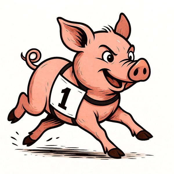 Rennschwein Rudi Rüssel in vollem Galopp.