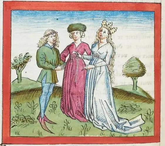 Eilhart von Oberg: Tristrant, Universitätsbibliothek Heidelberg, Cod. Pal. germ. 346, [(Ober?)Schwaben}, 37v. Online unter: https://doi.org/10.11588/diglit.154#0088 (zuletzt aufgerufen am 11.01.2026.