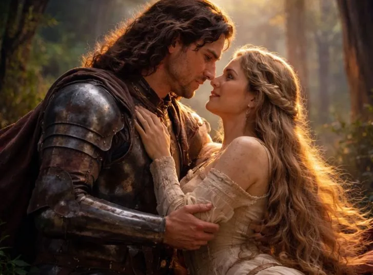 Ein Ritter in Rüstung und eine Frau in mittelalterlichem Kleid stehen sich in einer romantischen Waldszene sehr nah und blicken sich liebevoll an; das Bild erinnert an idealisierte Darstellungen höfischer Liebe.