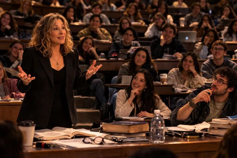 Eine Dozentin steht in einem großen Hörsaal vor Studierenden und spricht gestikulierend; auf dem Tisch liegen Bücher und Notizen, während die Zuhörenden aufmerksam reagieren.